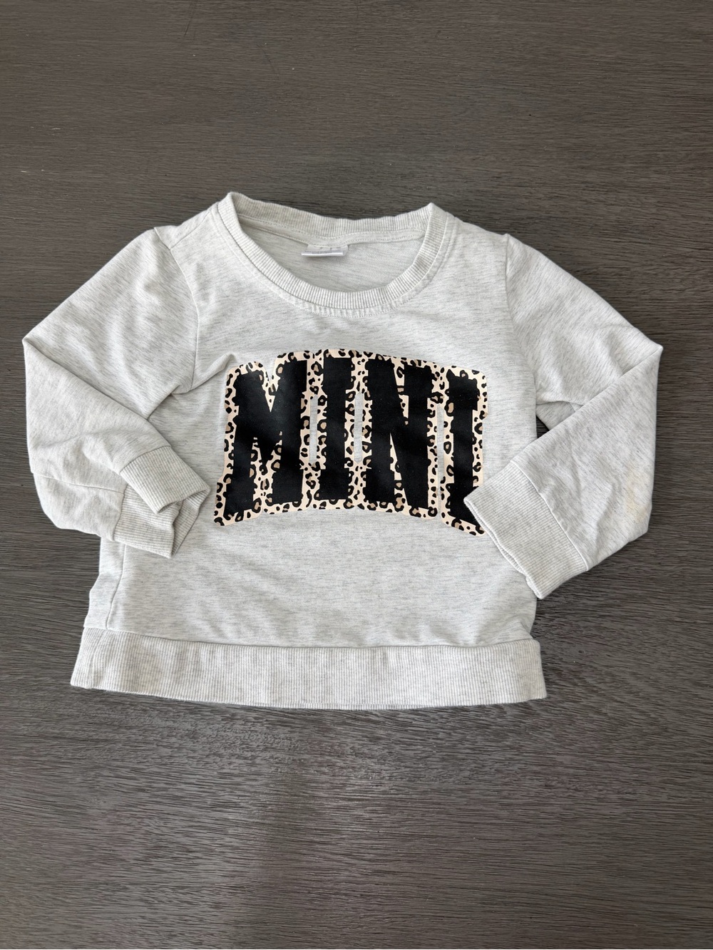 Little Girls' 'MINI' Grey Pullover Sweatshirt with Leopard Print